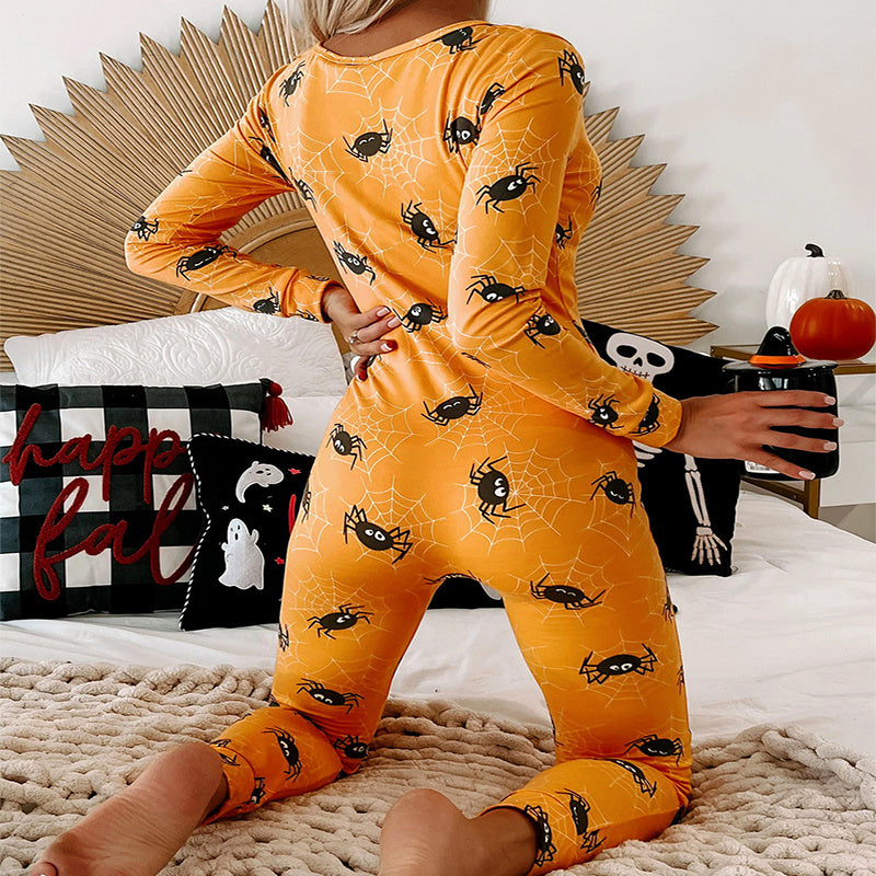 Halloween Themed Long Sleeve Jumpsuit - Women's Casual Pajama Set with Trousers