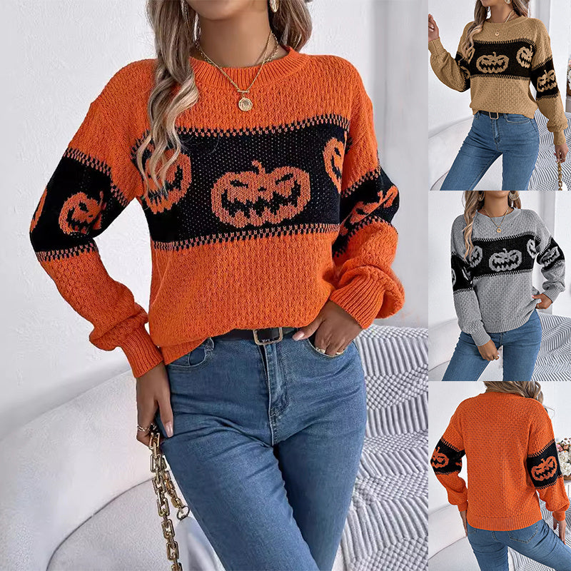 Pumpkin Print Knitted Pullover Sweater for Women - Long Sleeve Fashion Top