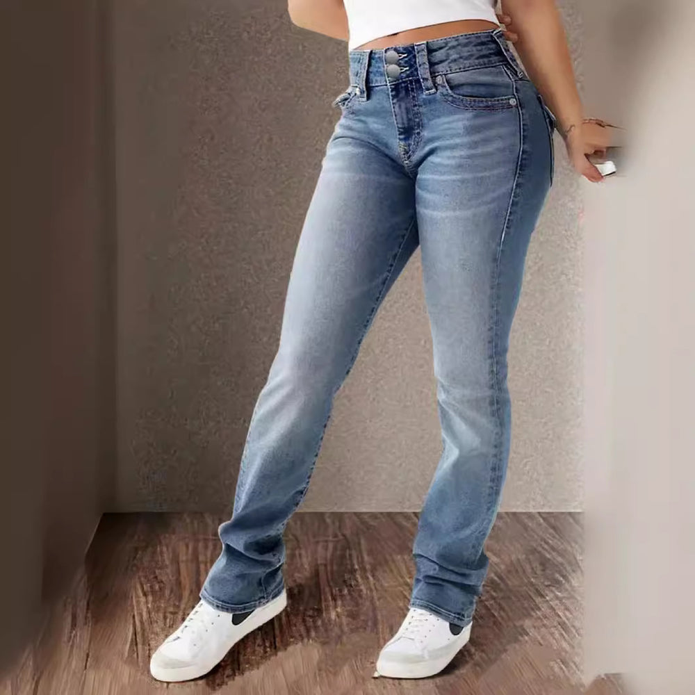 Damen Jeans mit hoher Taille und Stretch-Denim für Frühling und Sommer – lässiges, leicht gewaschenes Design