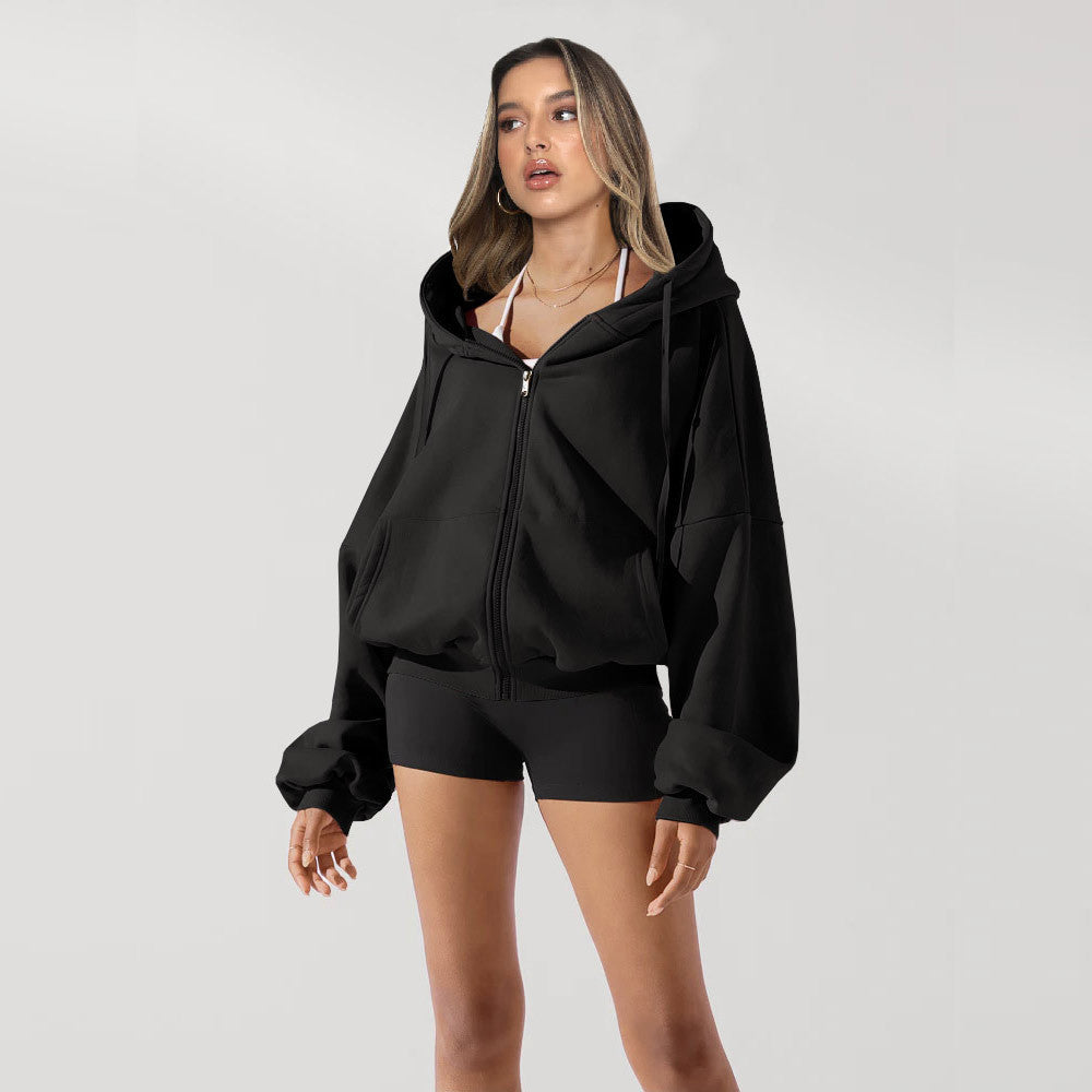 Lässige, einfarbige Kapuzenjacke mit Reißverschluss für Damen – Locker sitzendes Sport-Sweatshirt