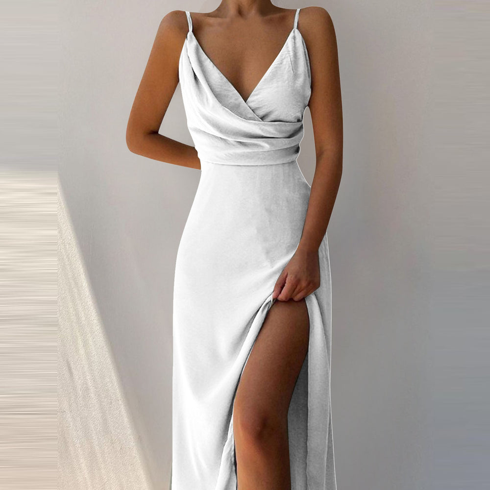 Elegant V-neck Printed Slip Dress with Stylish Slit