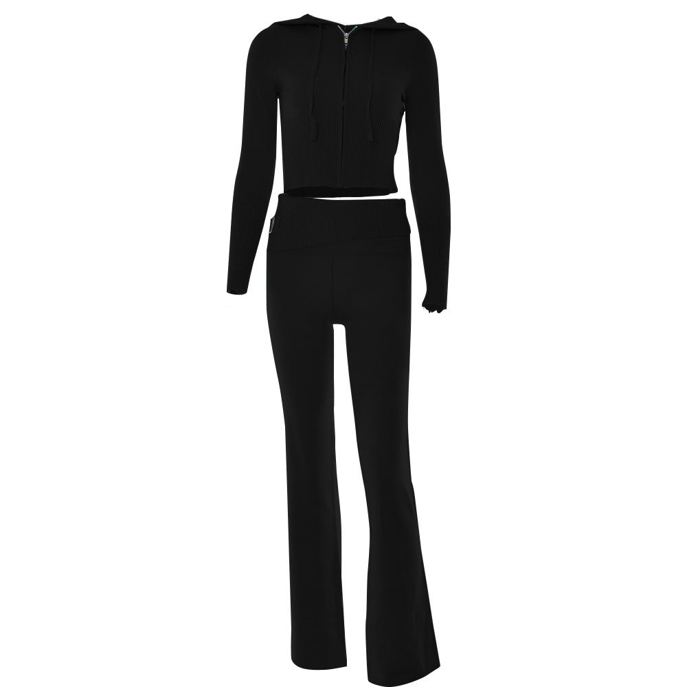 Chic Knitted Hooded Two-Piece Sets with High Waist Trousers - Stylish Long Sleeve Outfits for Women