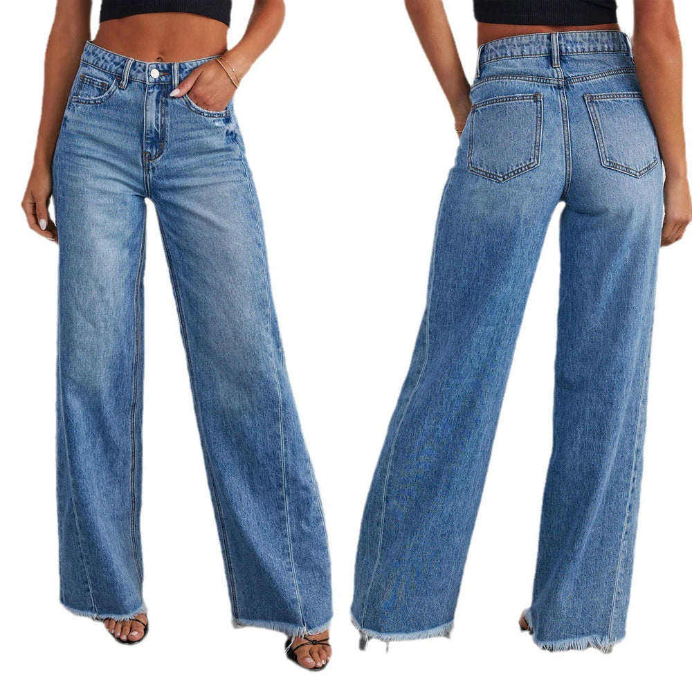 Women's Relaxed Fit Wide-Leg Denim Jeans with Frayed Hem and Side Stitching