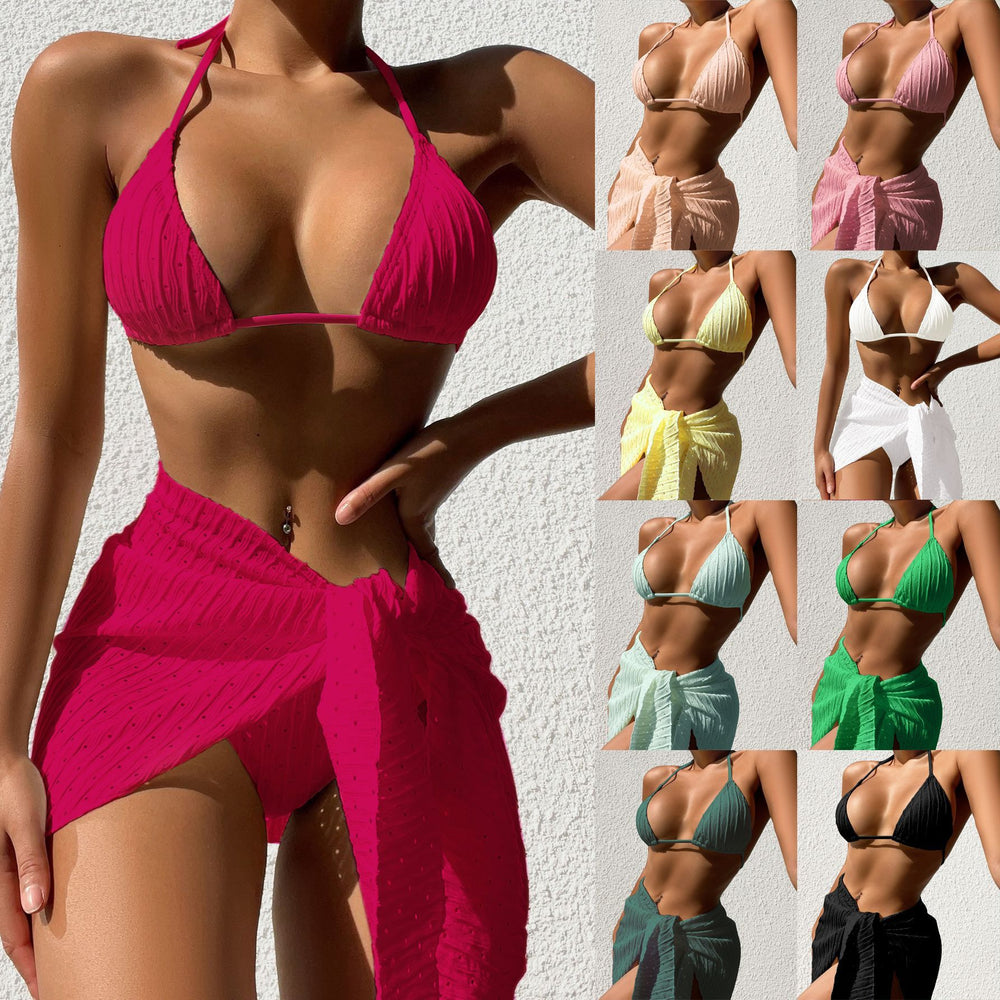 Sexy Neckholder-Bikini-Set mit Netzrock – 3-teilige einfarbige Strandbademode für Damen