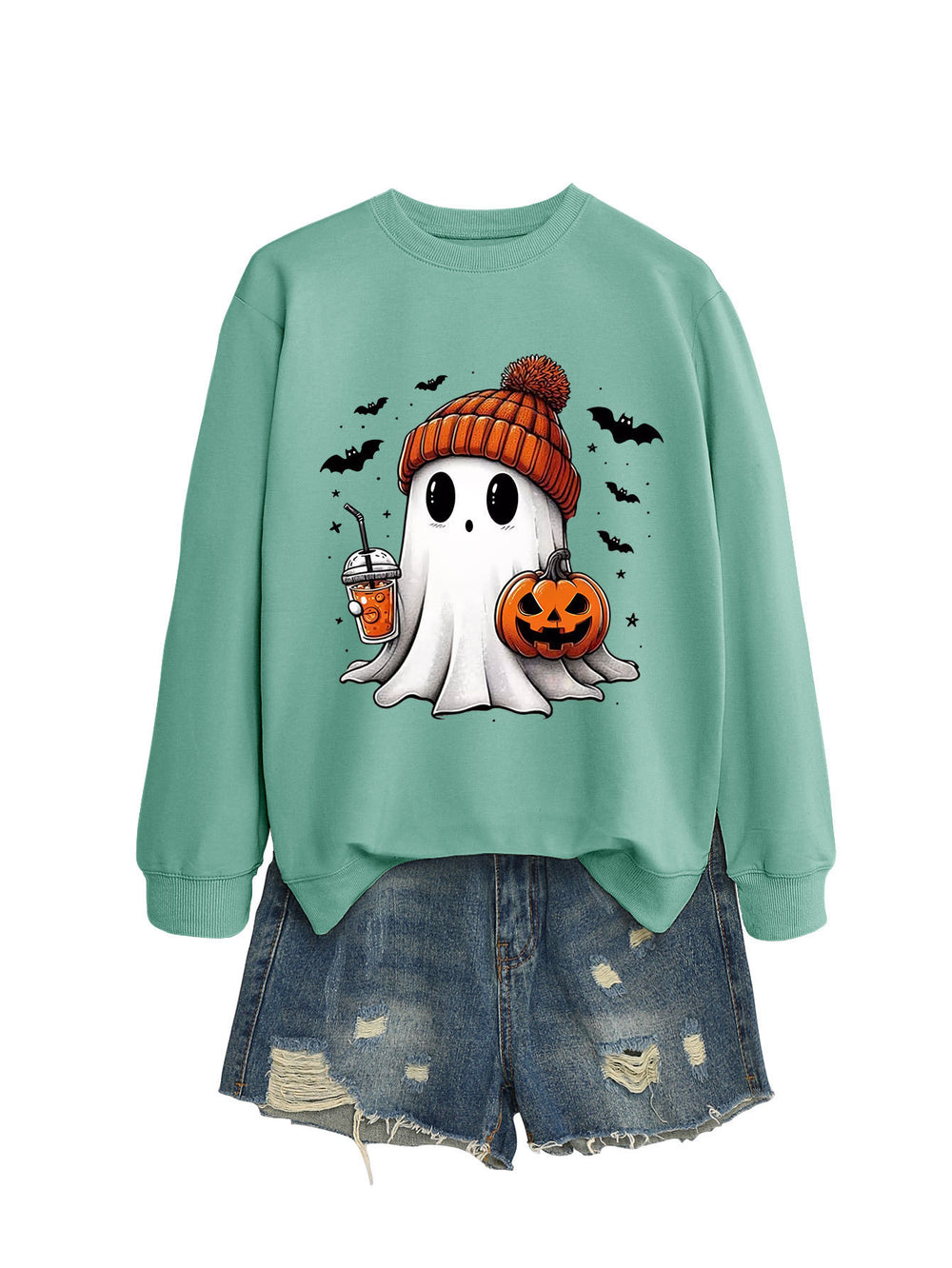 Cozy Long Sleeve Pumpkin Bat Print Crew Neck Sweatshirt in Multiple Colors