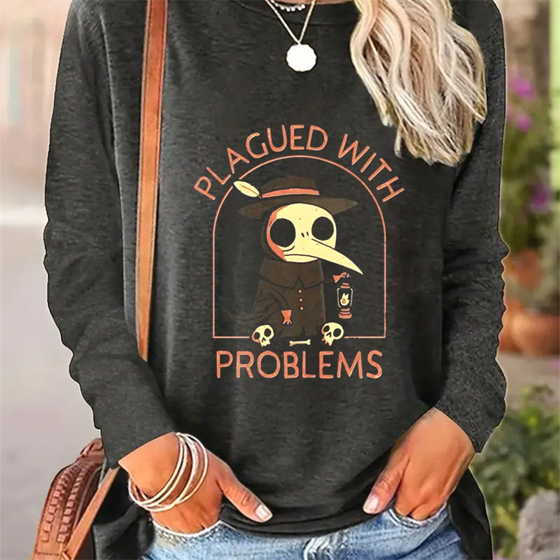 Casual Printed Round Neck Long Sleeve T-shirt for Women - Spring & Autumn Style