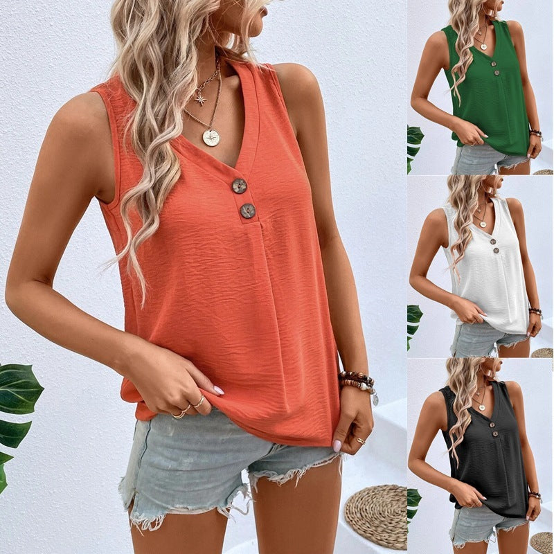 Chic Sleeveless V-neck Summer Top for Women - Elegant Button Detail, Flowy Fit