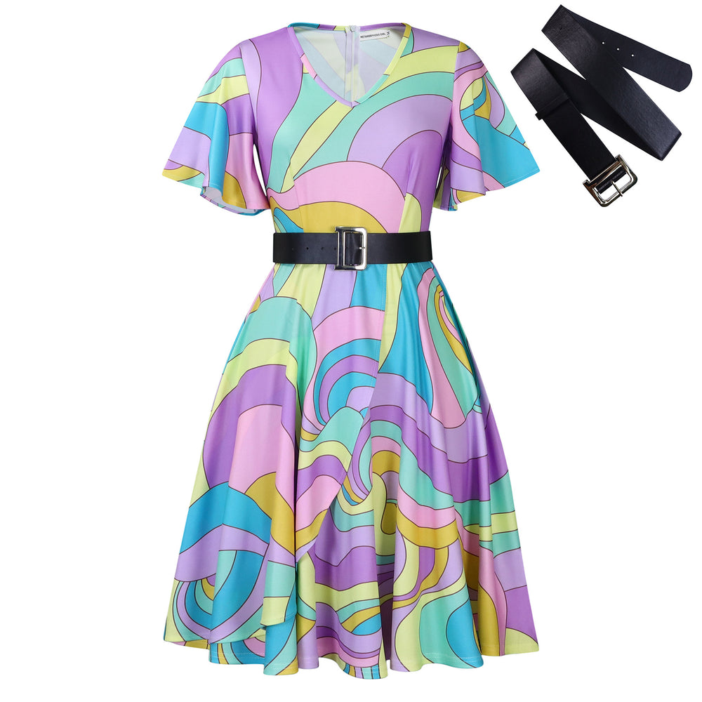 Elegant Plus Size Mid-Length Lace Printed Dress with Colorful Belts