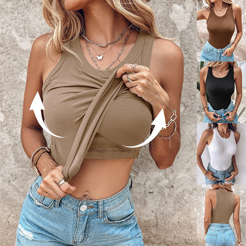 Sleeveless Summer Top with Built-in Bra - Solid Color Round Neck Vest for Women