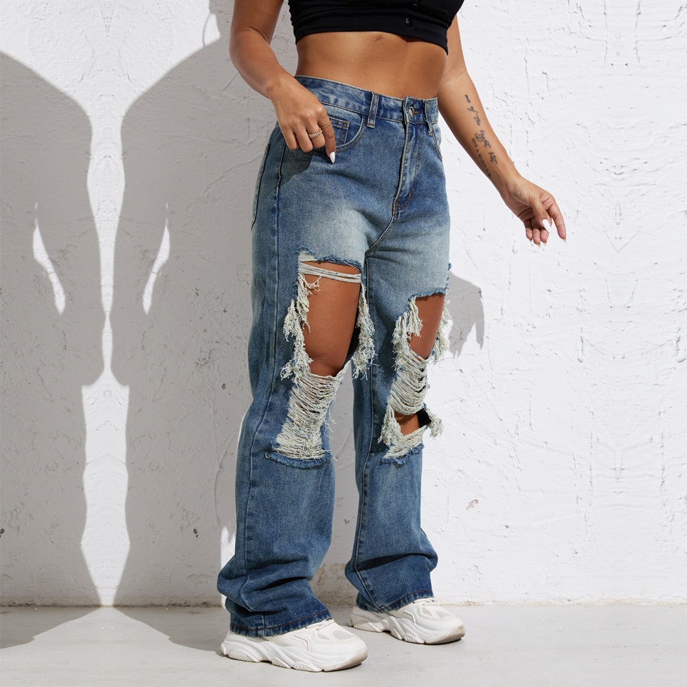 Women’s Retro Blue Wash Ripped Straight Leg Denim Jeans - Shascullfites Wide Streetwear Pants