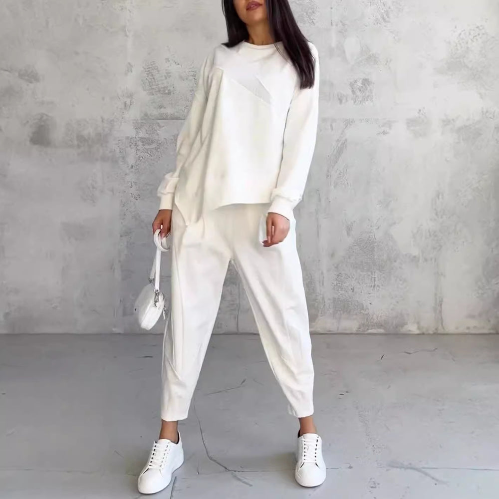 Lässiges Langarm-Set aus unregelmäßigem Pullover und Hose für Damen