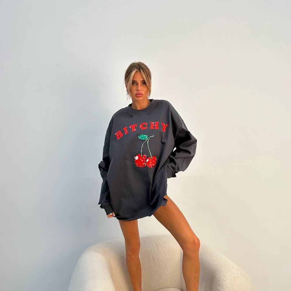 Dark Gray Cherry Print Loose Fit Women's Casual Sweatshirt