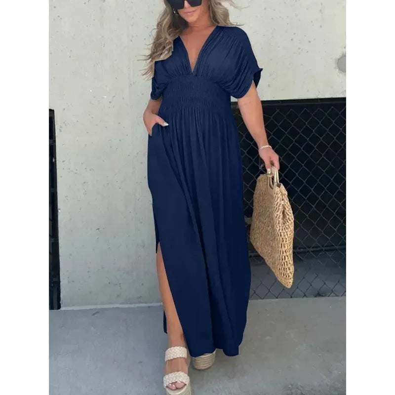 Chic Summer Batwing Sleeve V-neck Slit Dress with Elastic Waist for Women