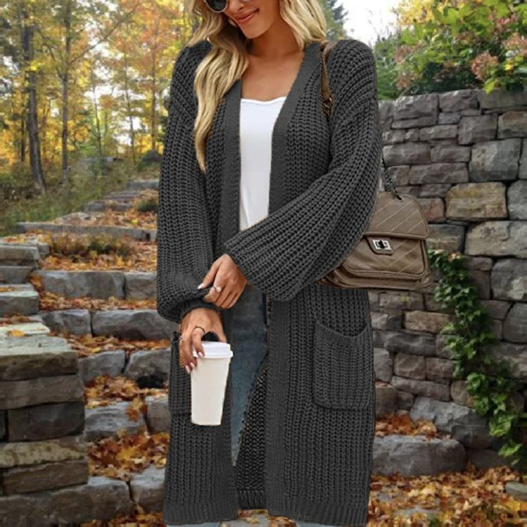 Locker sitzende Strickjacke mit Laternenärmeln und Taschen für Damen – mittellanger Herbst-/Wintermantel in mehreren Farben