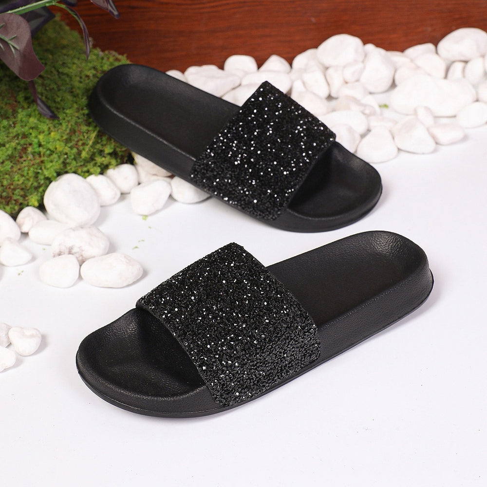 Elegant Women's Black and Silver Crystal Slippers for Summer Sale