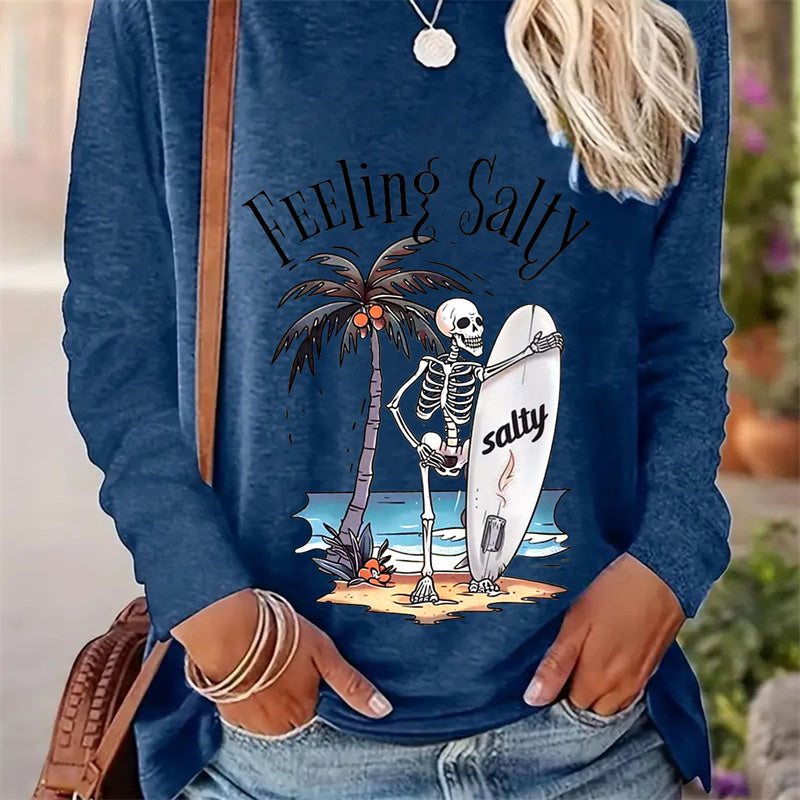 Casual Round Neck Long Sleeve T-shirt for Women with Simple Spring and Autumn Patterns