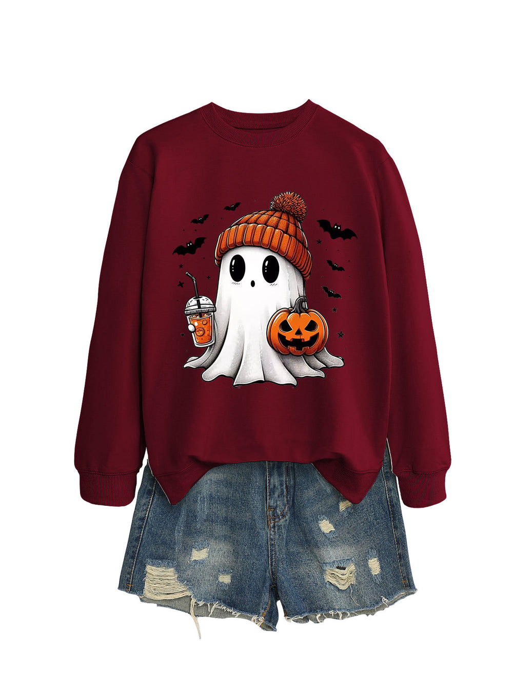 Cozy Long Sleeve Pumpkin Bat Print Crew Neck Sweatshirt in Multiple Colors