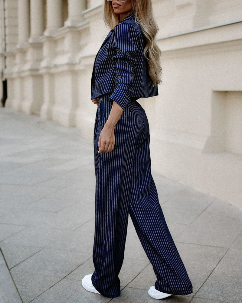 Chic Striped Two-Piece Set with Cropped Blazer and Tailored Pants for Women