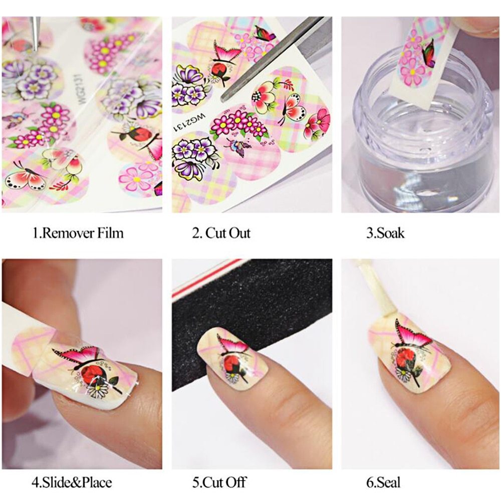 Adesivi per nail art con farfalle e fiori, trasferimento ad acqua - Set manicure creativo