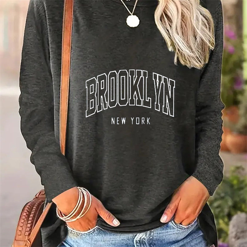 Casual Round Neck Long Sleeve T-shirt for Women with Simple Spring and Autumn Patterns