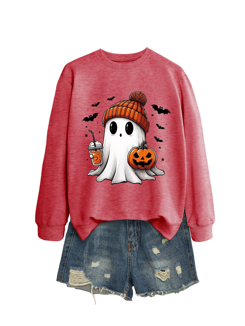 Cozy Long Sleeve Pumpkin Bat Print Crew Neck Sweatshirt in Multiple Colors