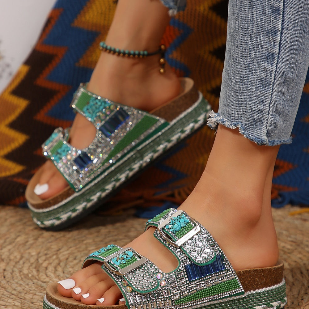 Rhinestone-Embellished Cork Beach Slides with Thick Bottom Hemp Rope and Double Buckles