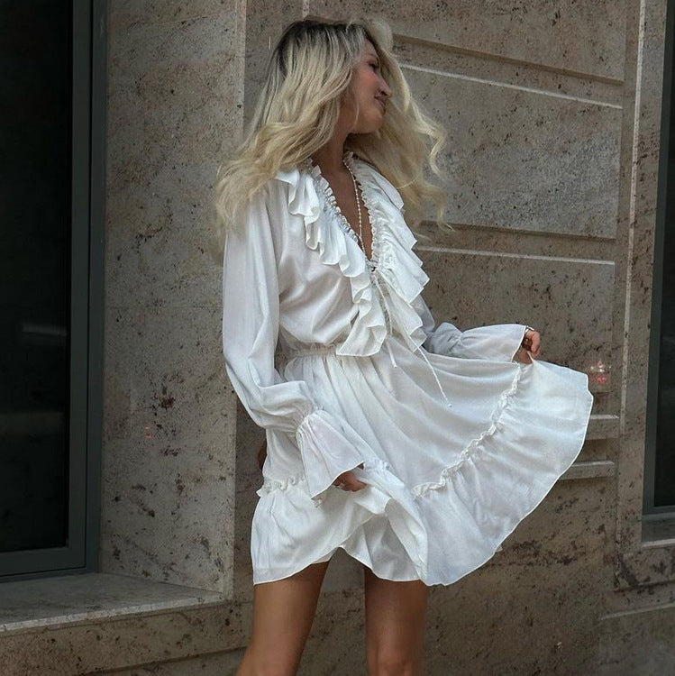 Chic V Neck Ruffled Long Sleeve Dress with Flared Sleeves - Y2K Style Women's Fashion