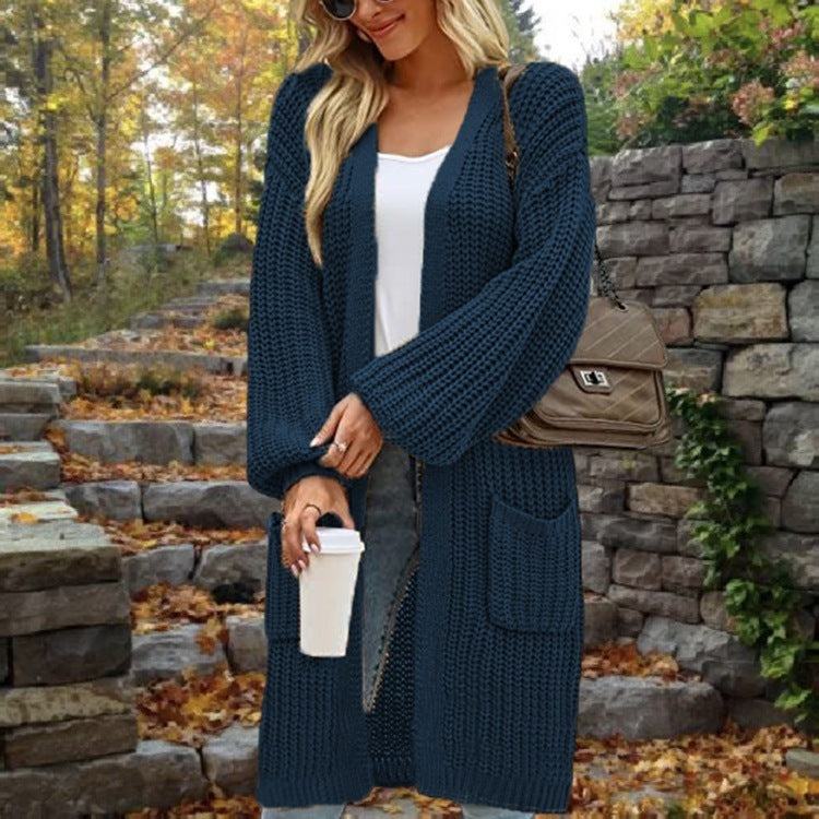 Loose-Fitting Lantern Sleeve Cardigan with Pockets for Women - Mid-Length Autumn/Winter Coat in Multiple Colors