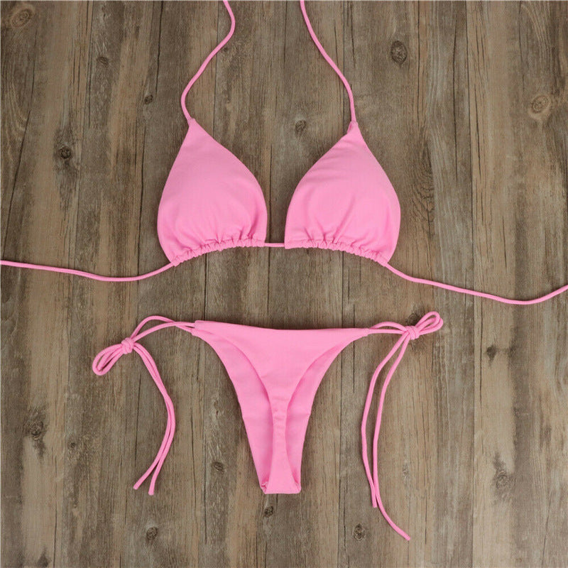 Elegant Halter Neck Split Tie Bikini Set with Milk Silk Fabric