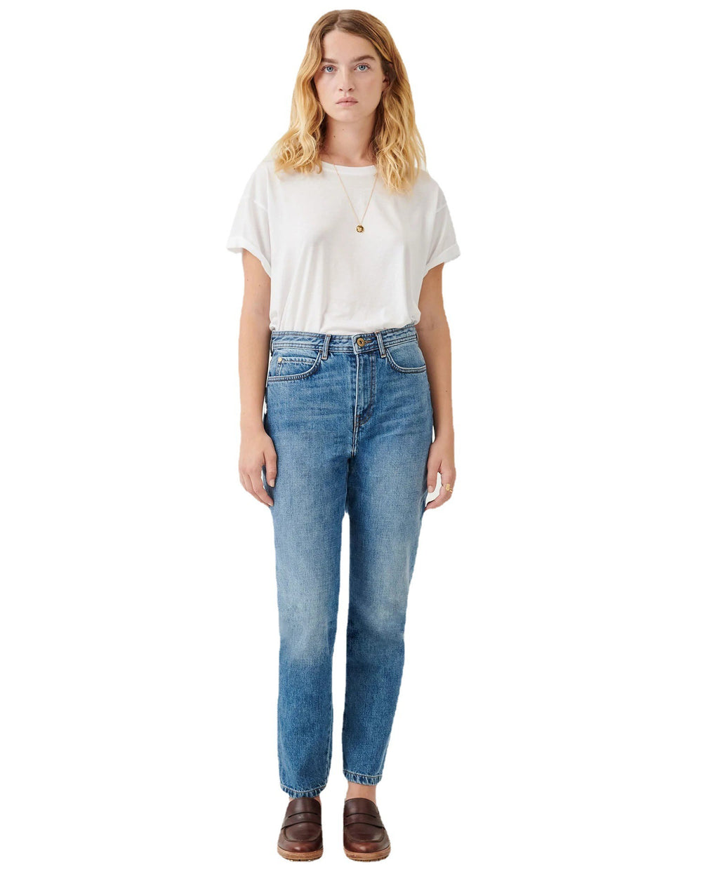 Blaue Slim-Fit-Jeans im Vintage-Chic-Stil für Damen mit geradem Bein