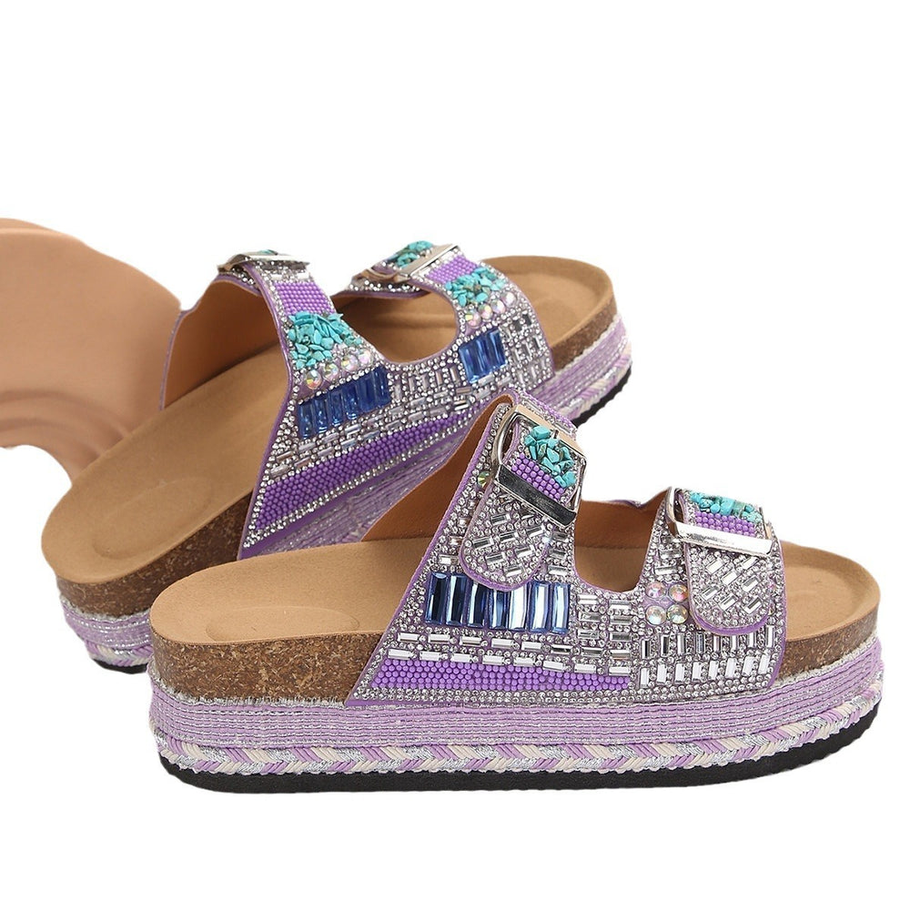 Rhinestone-Embellished Cork Beach Slides with Thick Bottom Hemp Rope and Double Buckles