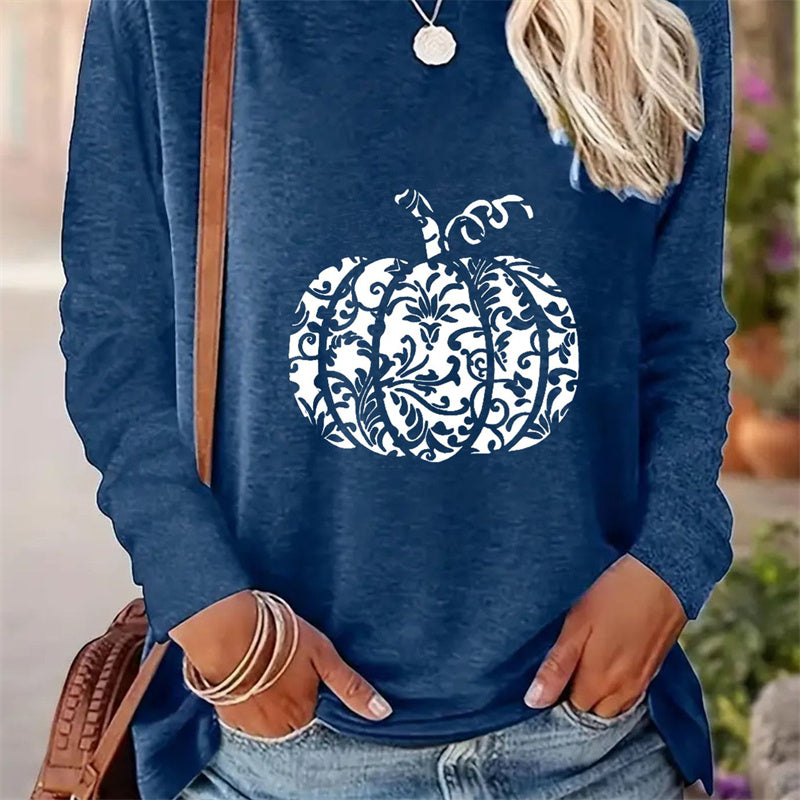 T-shirt casual a maniche lunghe con scollo tondo e stampa per donna in primavera e autunno 