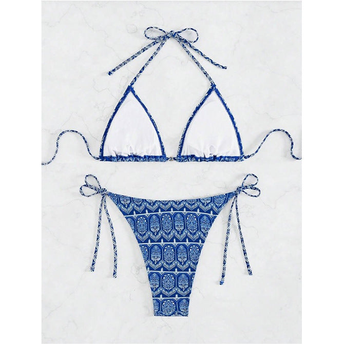 Fashionable Bandage Detail Split Bikini with Printed Stitching - Beachwear Beauty