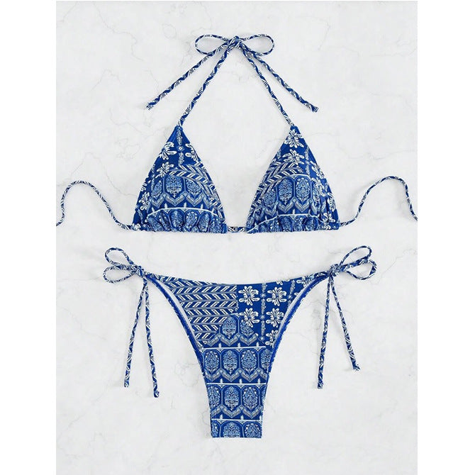 Fashionable Bandage Detail Split Bikini with Printed Stitching - Beachwear Beauty