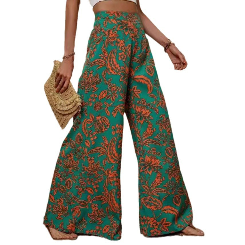 Floral Patterned High Waist Women's Wide Leg Trousers