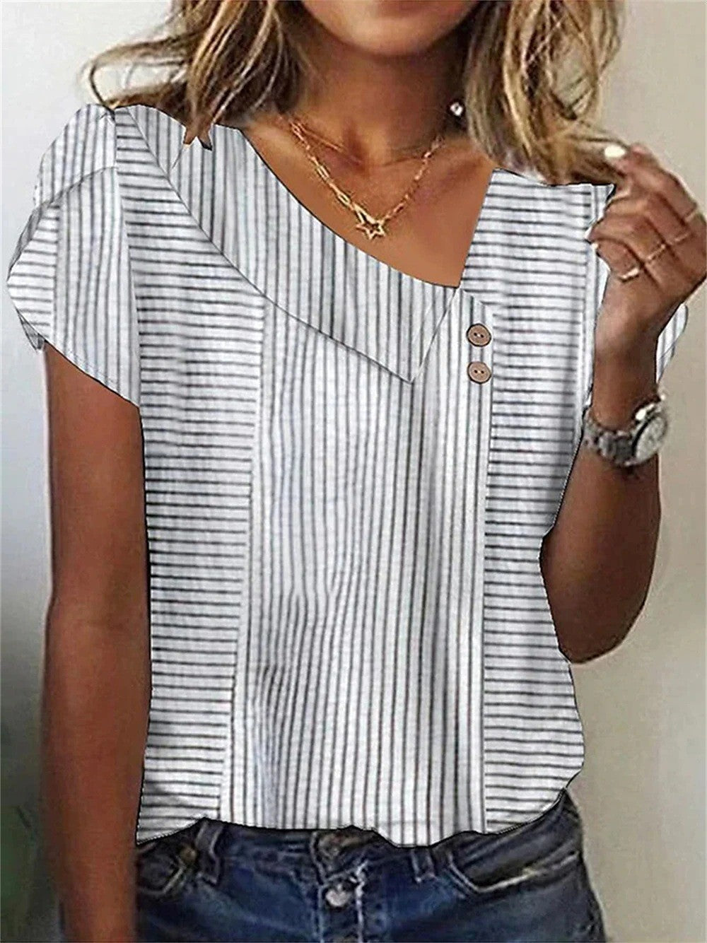 Women's Top Button V-neck T-shirt