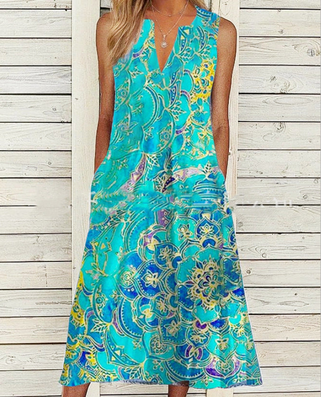 Women's Fashionable Printed Sleeveless V-neck Mid-length Loose Dress