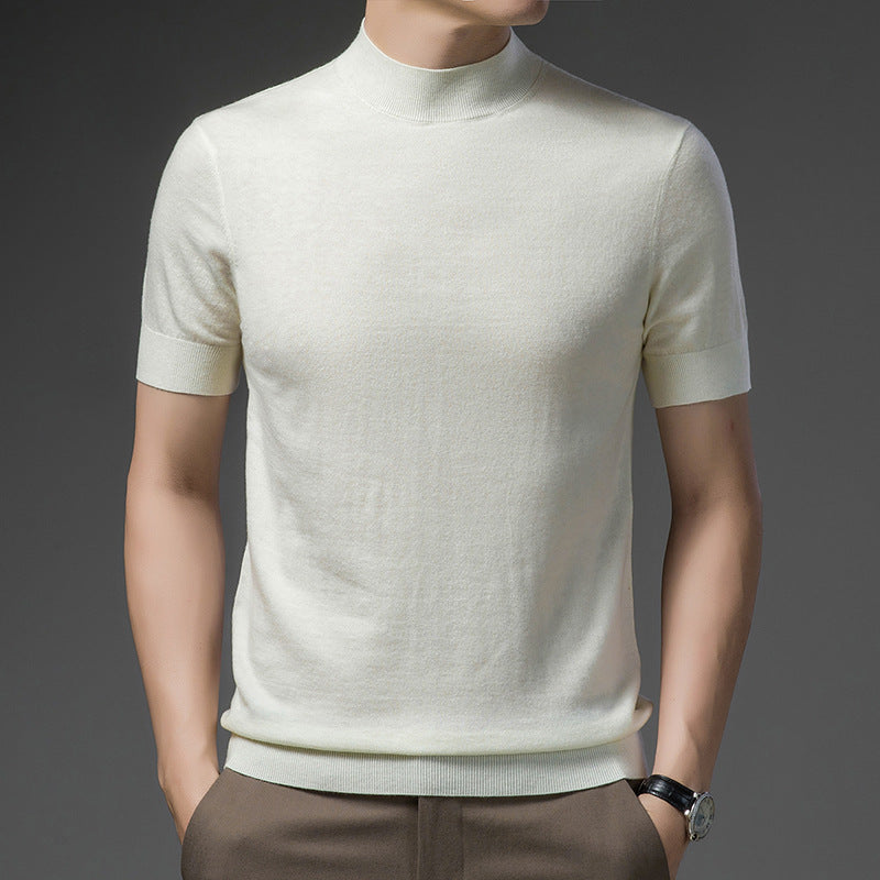 Short Sleeve Pure Wool Sweater for Men with Half Turtleneck