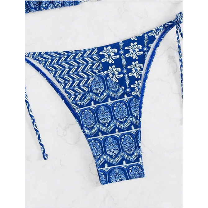 Fashionable Bandage Detail Split Bikini with Printed Stitching - Beachwear Beauty