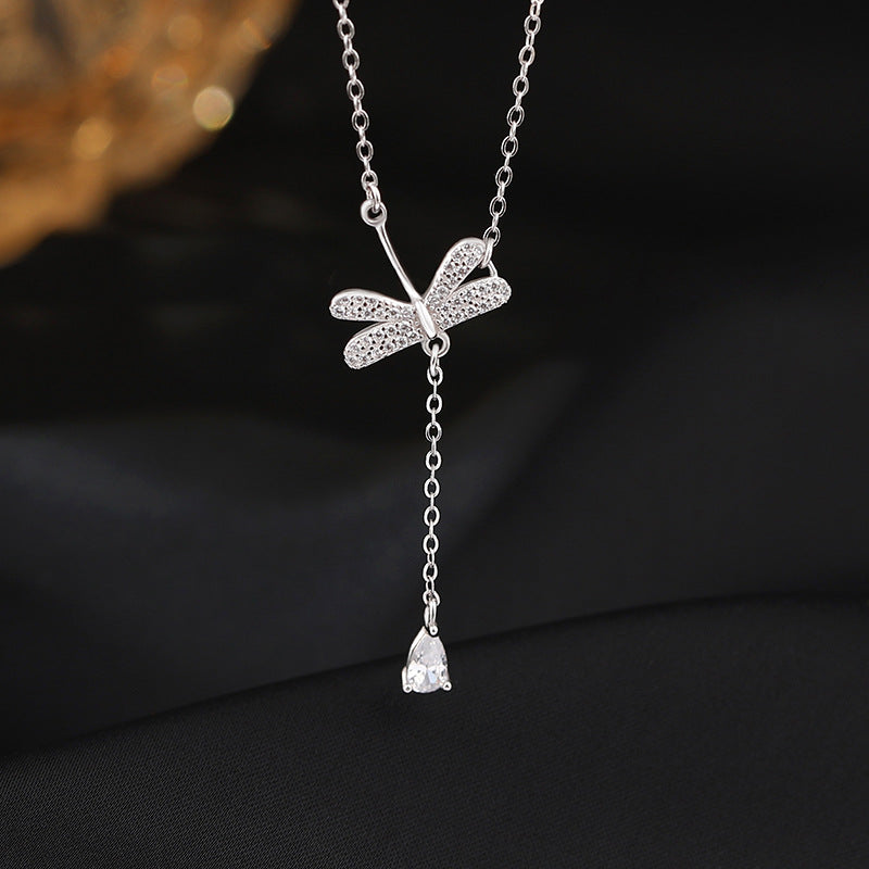 Sterling Silver Dragonfly Pendant Necklace with Water Drop Tassel for Women