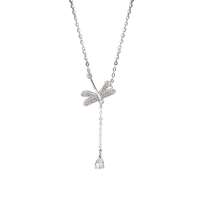 Sterling Silver Dragonfly Pendant Necklace with Water Drop Tassel for Women