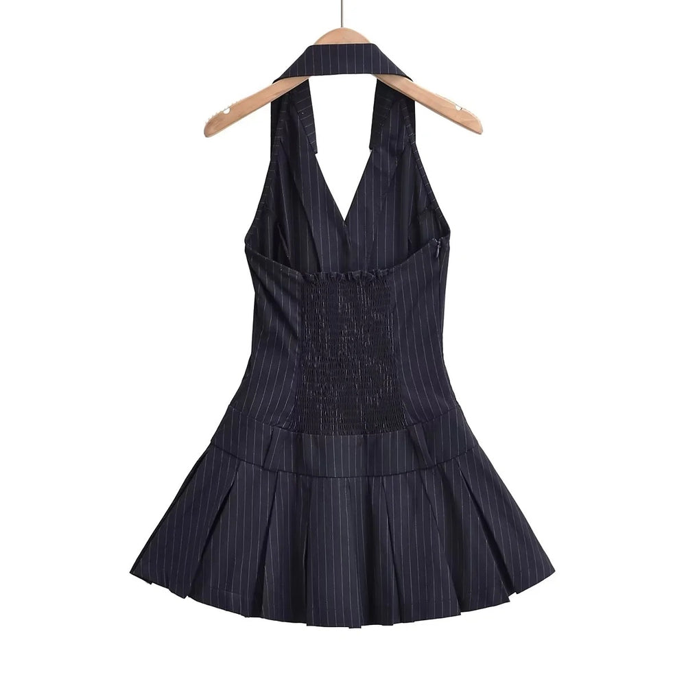 Artistic V-neck Halter Striped A- Line Skirt Low Waist Pleated Dress Slim Fit Slim Backless