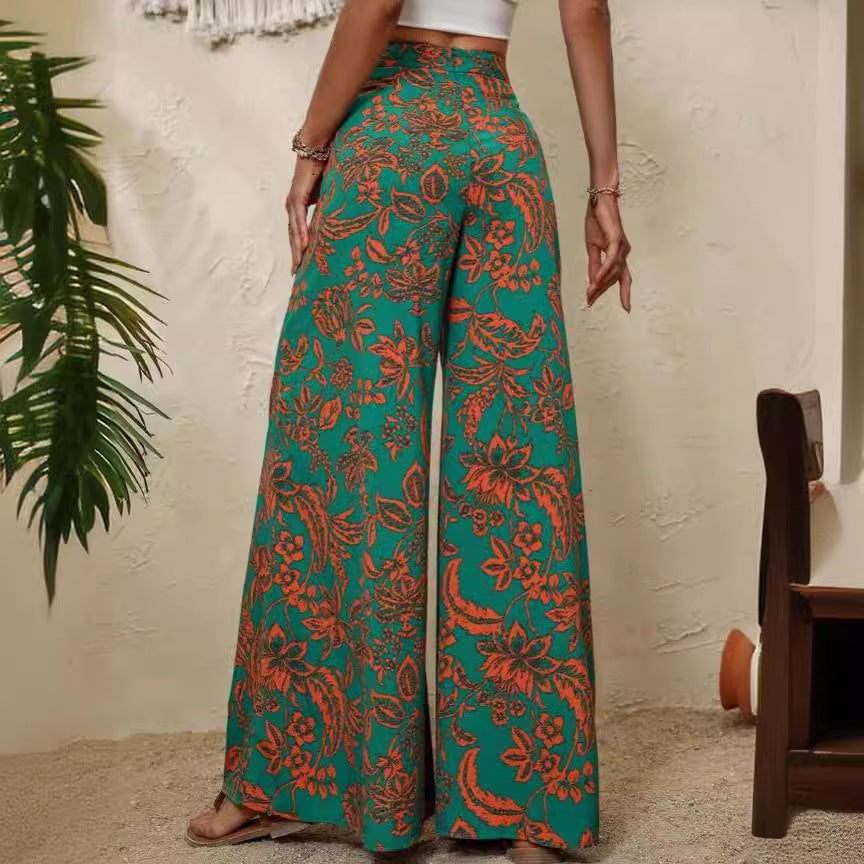 Floral Patterned High Waist Women's Wide Leg Trousers