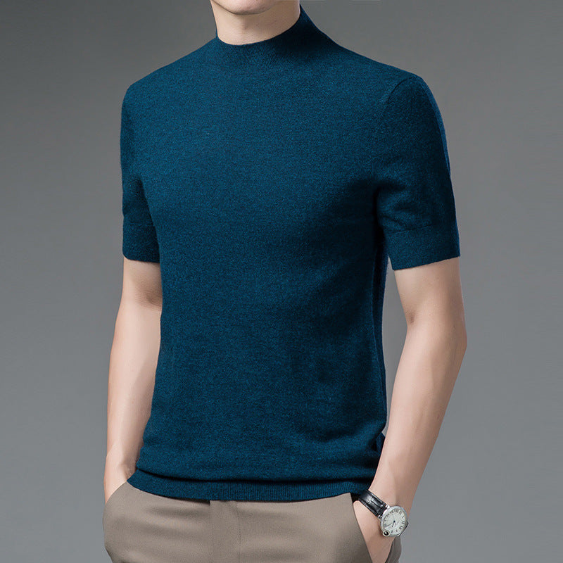 Short Sleeve Pure Wool Sweater for Men with Half Turtleneck