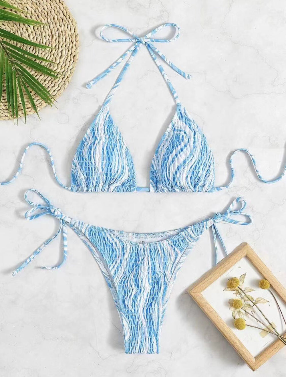 Smocking Lace-up Bikini Set with Gradient Detail