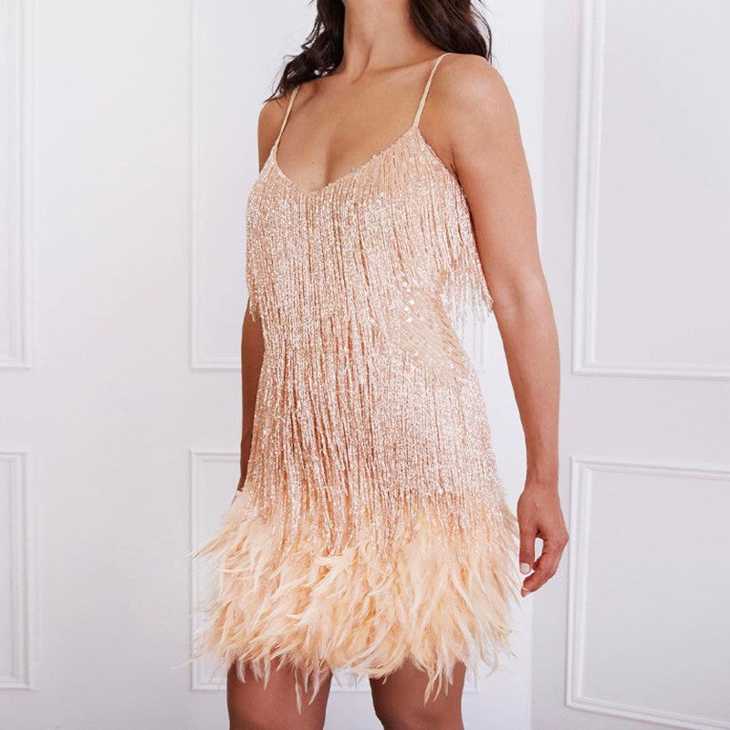 Feathered V-neck Lace Dress with Sling Style