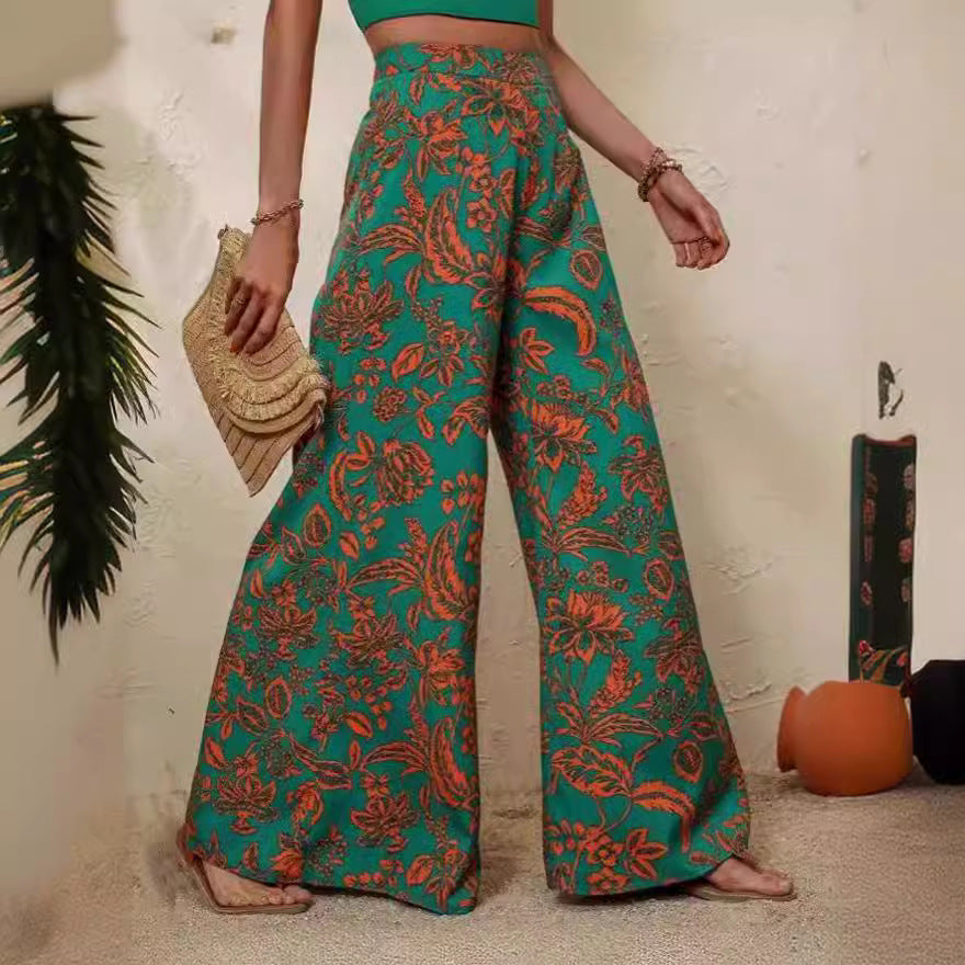 Floral Patterned High Waist Women's Wide Leg Trousers