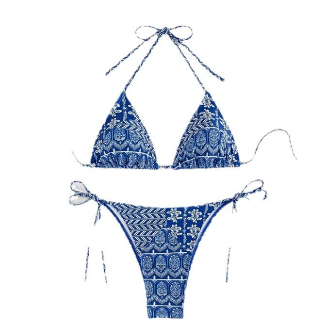 Fashionable Bandage Detail Split Bikini with Printed Stitching - Beachwear Beauty