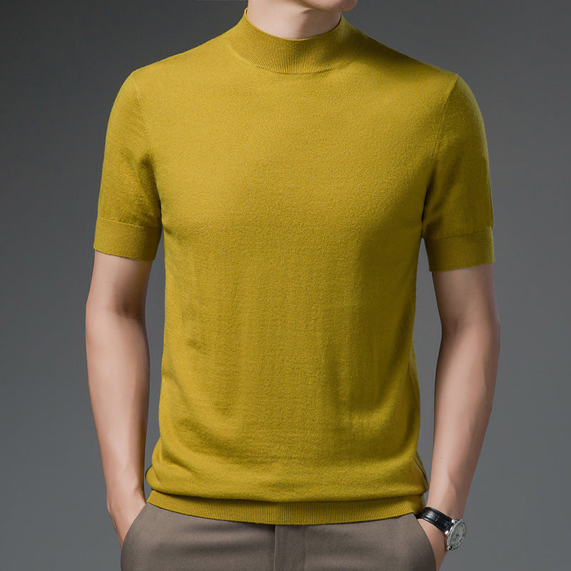 Short Sleeve Pure Wool Sweater for Men with Half Turtleneck