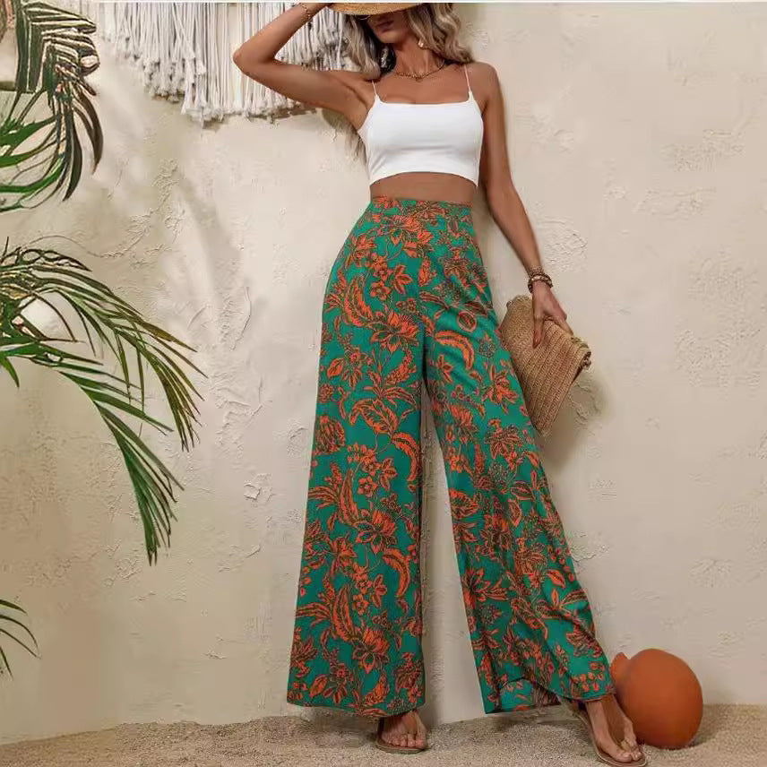 Floral Patterned High Waist Women's Wide Leg Trousers